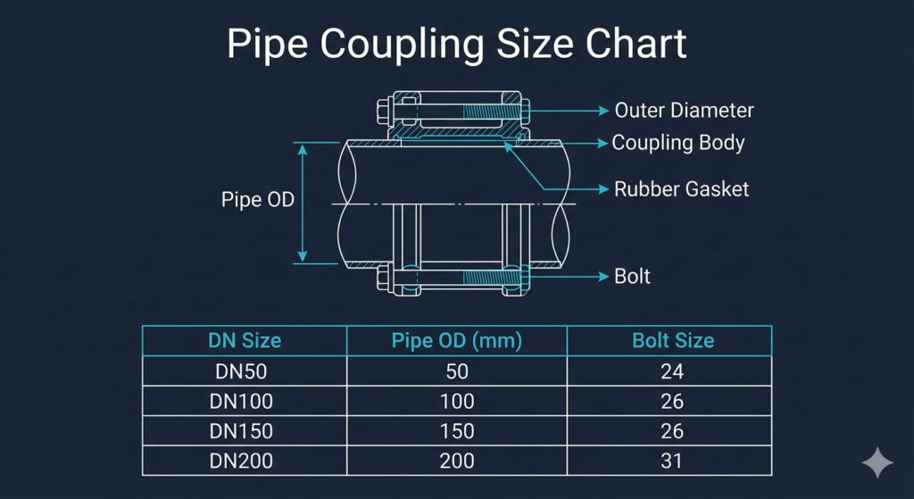 pipe coupling size chart DN15 to DN300