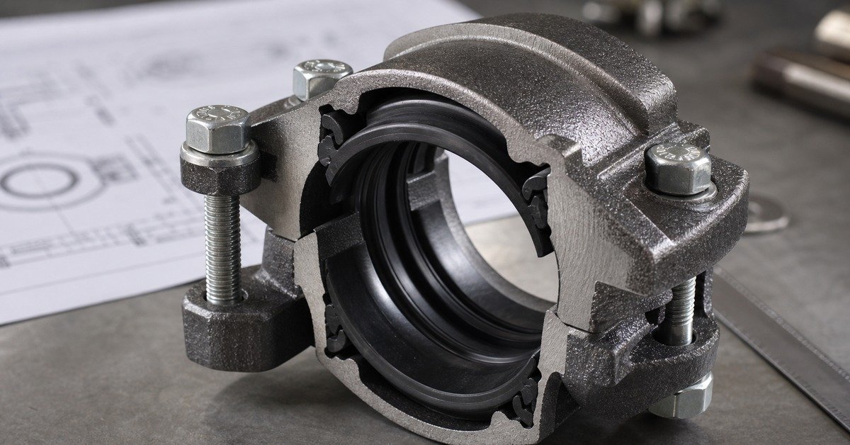 Pipe coupling pressure rating PN16 stamped on ductile iron housing with engineering datasheet in background