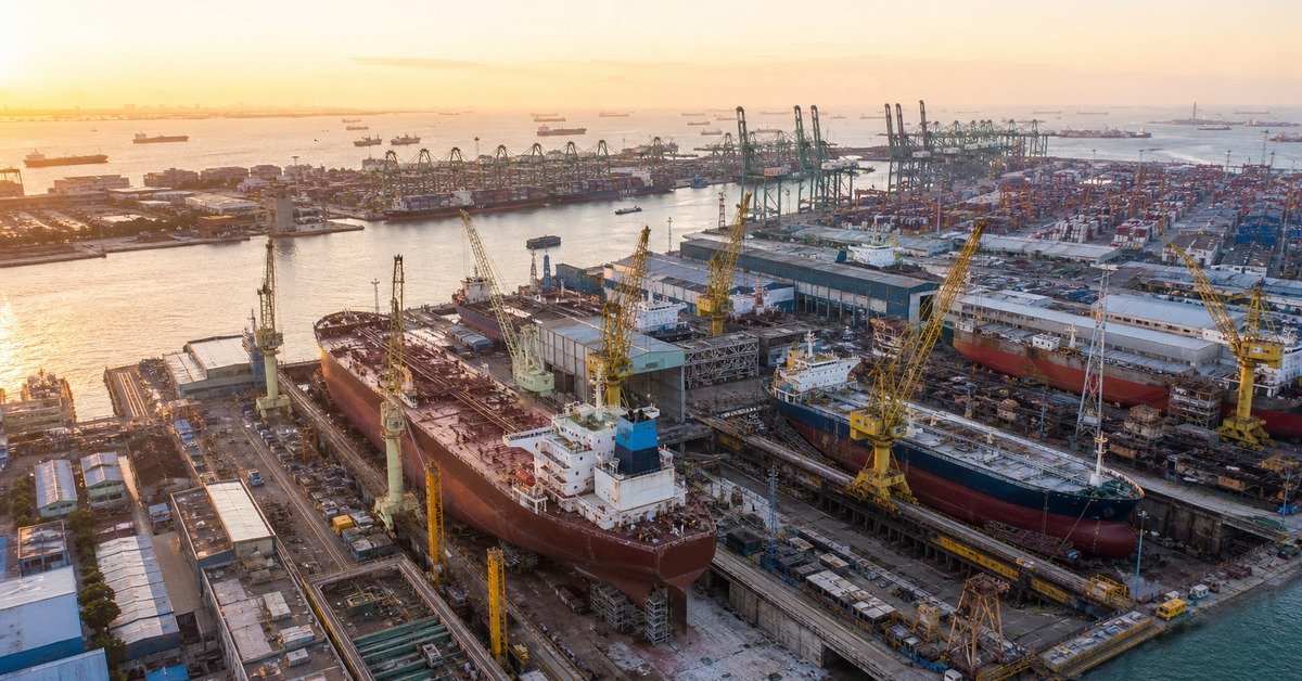 Singapore shipyard maritime supply chain with dry docks cranes and merchant vessels showing pipe coupling supply context