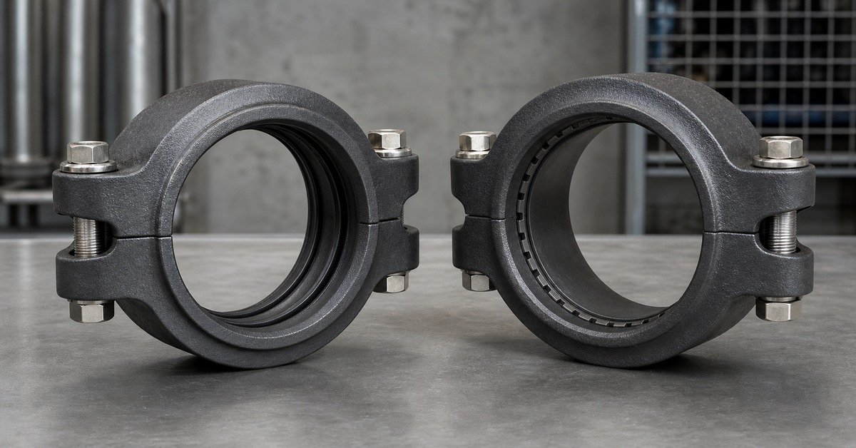 Victaulic grooved-end coupling compared to JWC plain-end coupling side by side on industrial workbench