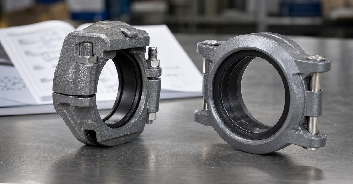 Gruvlok grooved coupling and JWC plain-end coupling compared side by side on industrial workbench