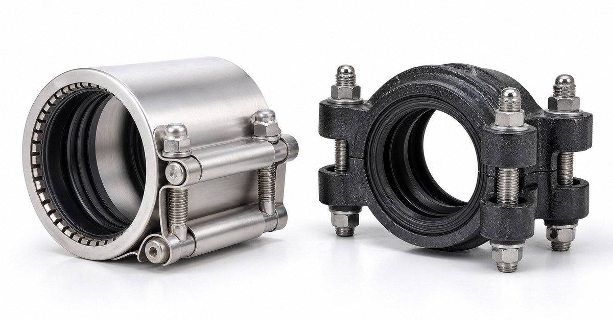 Straub-style stainless coupling versus JWC MJG grip-type coupling comparison at DN100 for plain-end pipe