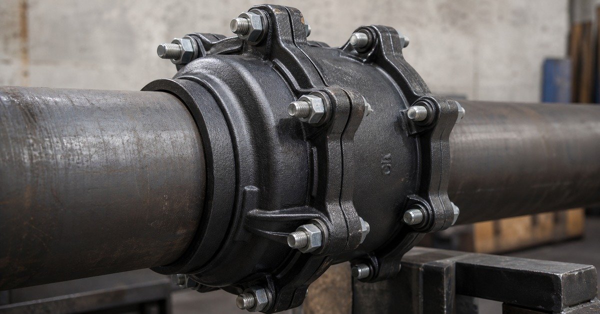 Dresser-style flexible plain-end pipe coupling with hex bolt pattern on industrial pipe, side view showing middle ring assembly