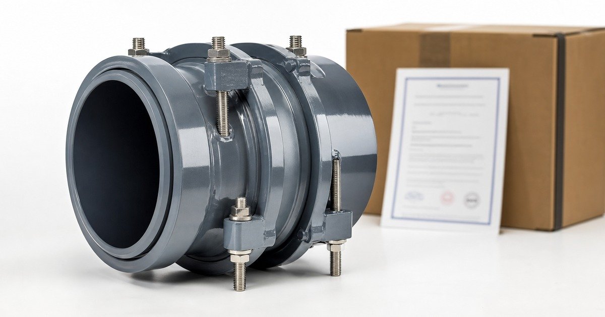 Aju EJD series slip-type expansion joint in epoxy gray coating with ABS Type Approved documentation, ductile iron body and stainless hardware