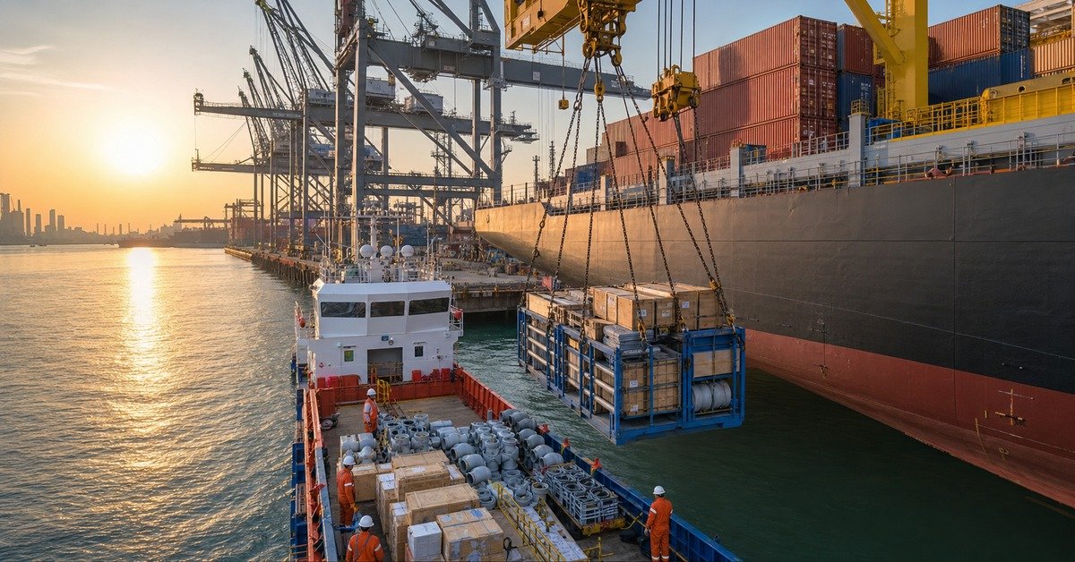 Ship chandler supply delivery at Singapore PSA port, pipe couplings and industrial fittings being loaded onto a vessel at berth