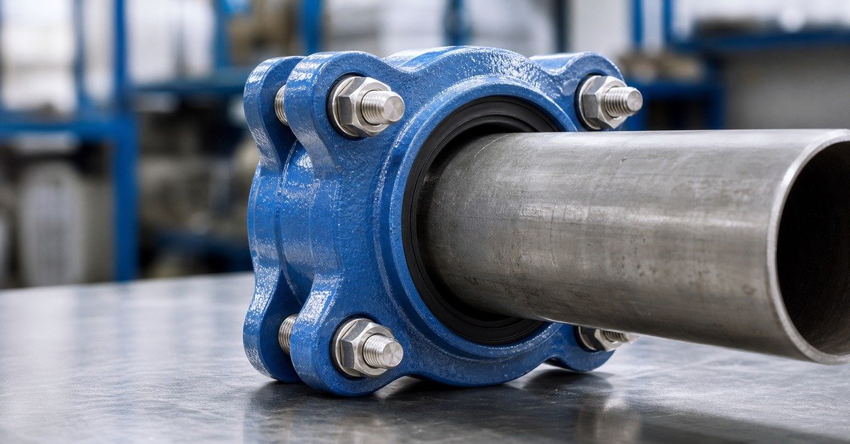 DN50 pipe coupling in ductile iron with SUS304 stainless bolts and NBR gasket on plain-end steel pipe, workshop bench