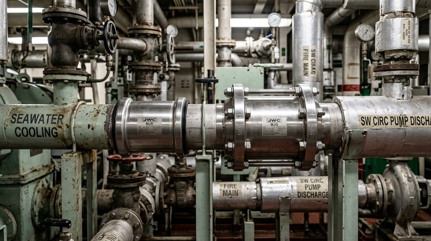 Flexible vs rigid pipe coupling marine selection — JWC slip-type MJS and grip-type MJG couplings side by side on a shipboard piping run in a vessel engine room