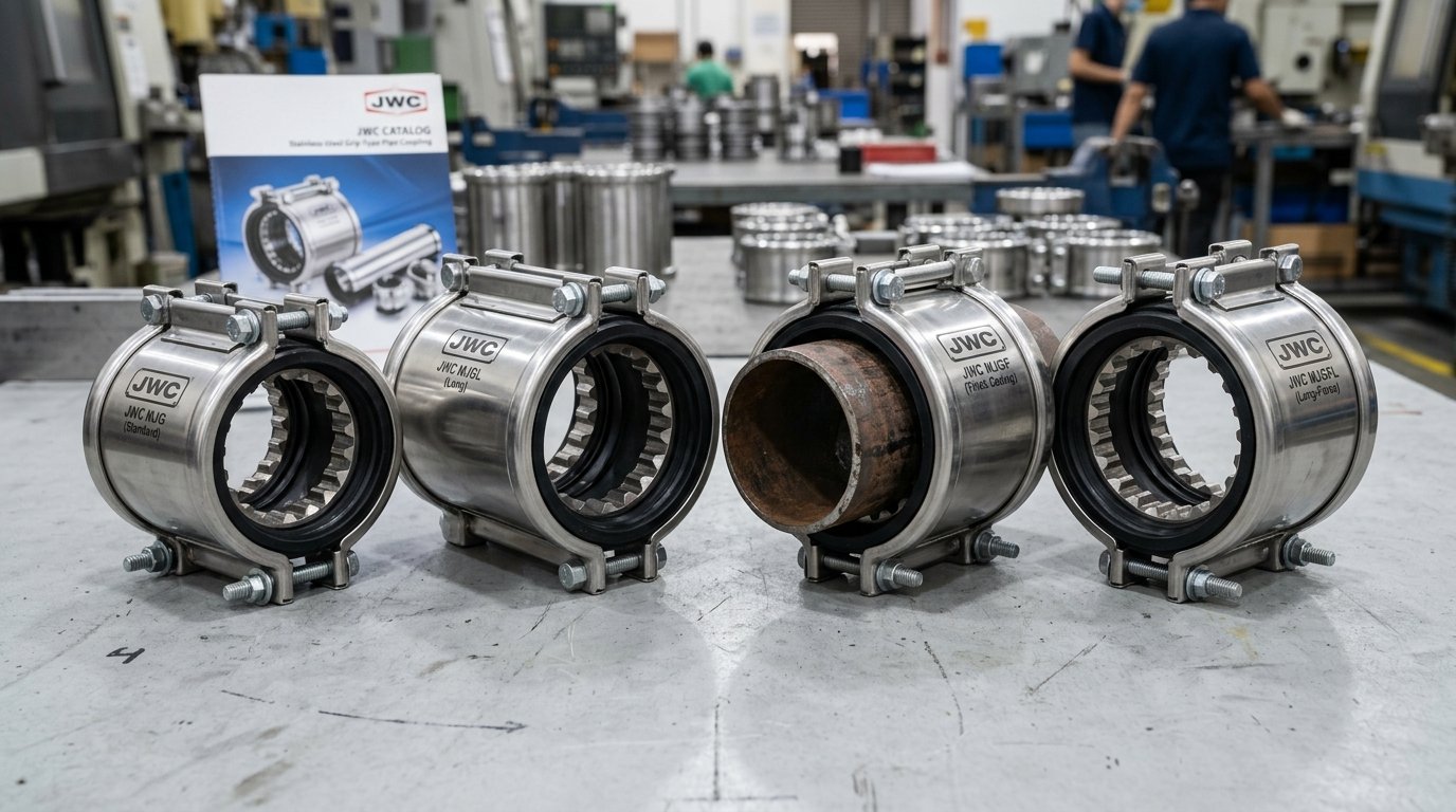 Four JWC grip type coupling models — MJG, MJGL, MJGF and MJGFL — in stainless steel on an industrial workbench showing the internal grip rings and rubber gaskets