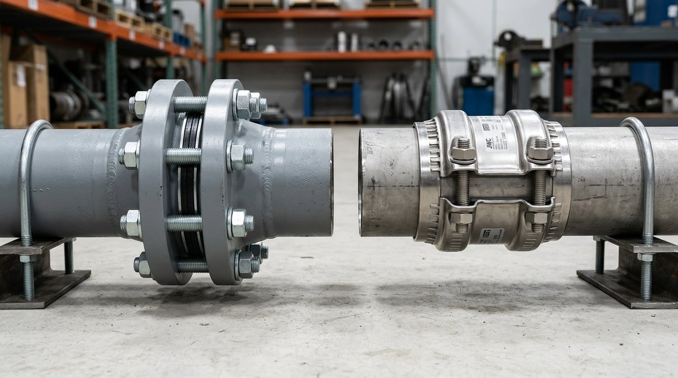Mechanical coupling vs flange high pressure comparison — bolted weld-neck flange joint beside a stainless mechanical grip coupling on the same pipe size