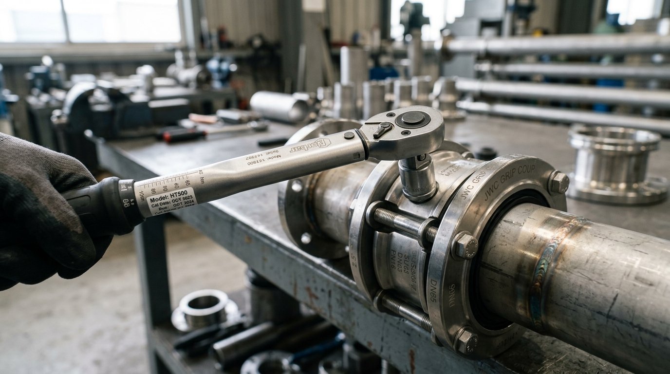 Calibrated torque wrench applying pipe coupling bolt torque specs to a stainless-steel mechanical grip coupling in an industrial workshop