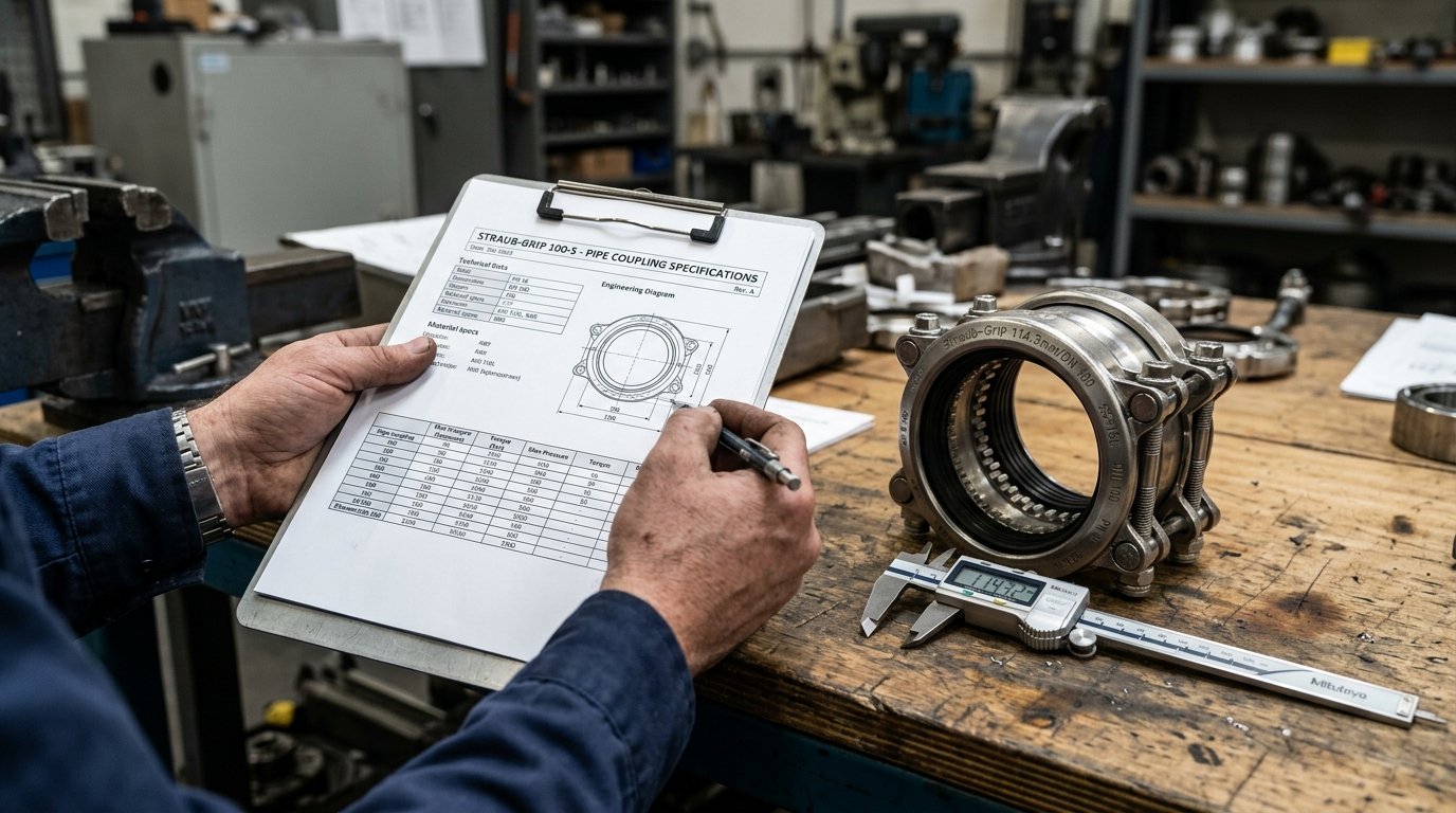 Engineer reviewing a pipe coupling datasheet specification beside a stainless grip-type coupling and callipers on an industrial workbench