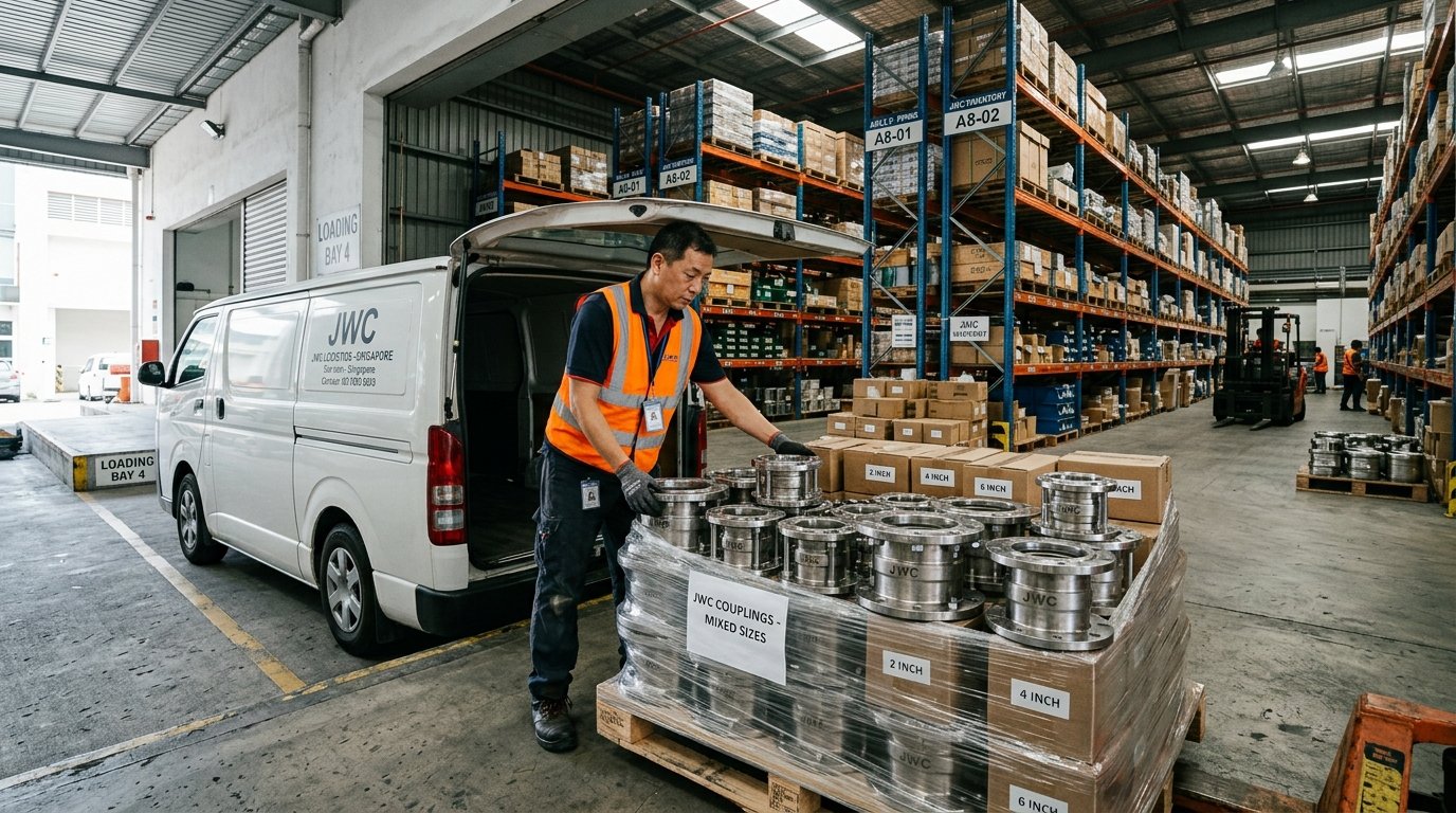 Same day pipe coupling delivery Singapore — warehouse worker loading stainless pipe couplings onto a delivery van at a Singapore industrial estate